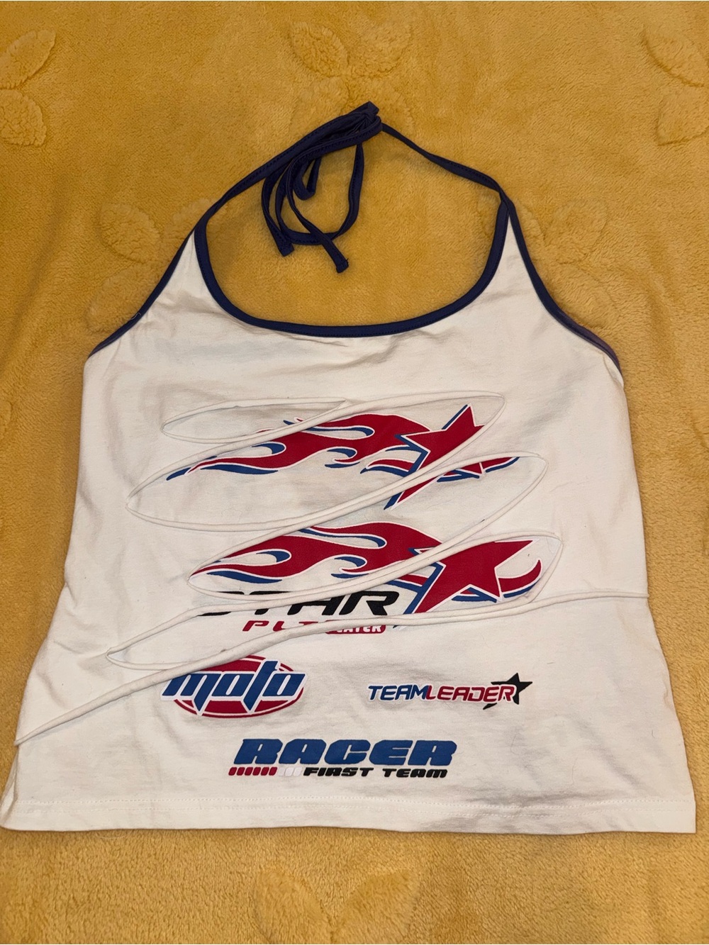 PrettyLittleThing White Racer Graphic Halter Tank Top with Red and Blue Accents